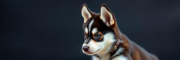 Cute brown and white puppy poses for admiration against a dark background in a studio setting photo
