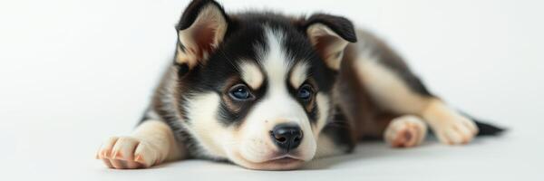 Adorable black and white puppy lying on a soft surface in a well-lit indoor space during daytime photo