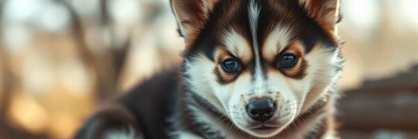 Puppy sitting on a wooden surface with a blurred natural background highlighting its striking fur and expressive eyes photo