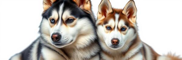 Two adorable Siberian Huskies sit together against a plain background showcasing their striking features and playful expressions photo