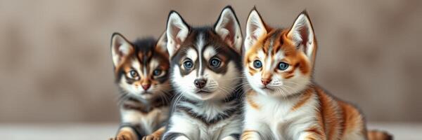 Cute puppies and kittens sitting together in a cozy indoor space during the afternoon photo