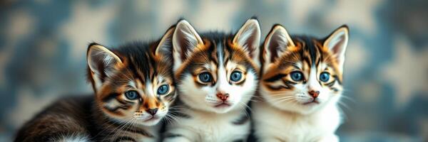 Three playful kittens with striking blue eyes relaxing together indoors photo