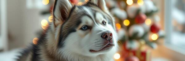Siberian husky sits gracefully in a cozy room decorated for the holidays with glowing lights and a festive atmosphere photo