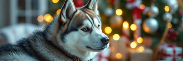 Husky dog relaxing beside beautifully decorated Christmas tree with warm lights in cozy indoor setting during winter photo