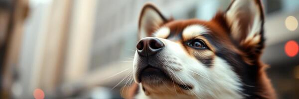 Siberian husky gazes thoughtfully in a bustling urban environment during late afternoon photo