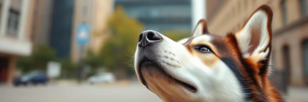 Dog gazing at the city skyline during a bright day in an urban environment photo