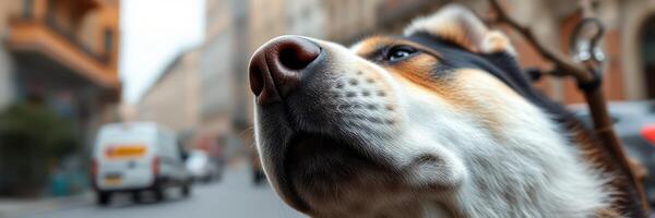Dog enjoying a city stroll in an urban setting during a cloudy day photo