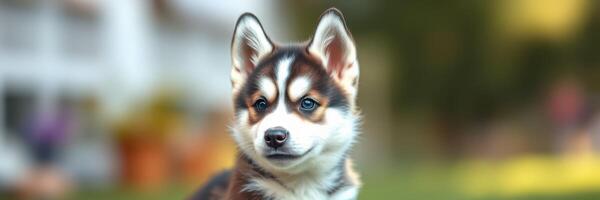 Cute corgi puppy posing outdoors in a lush green garden during sunny weather photo