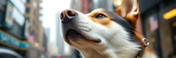 Dog enjoying a stroll in a bustling city street on an overcast day photo