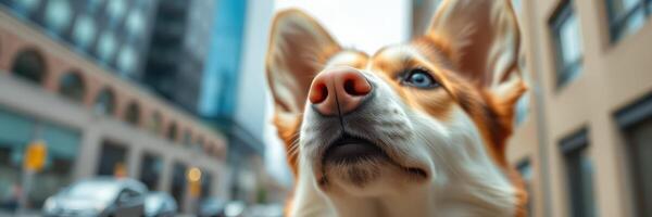 Dog looking up in an urban setting on a cloudy day with buildings in the background photo