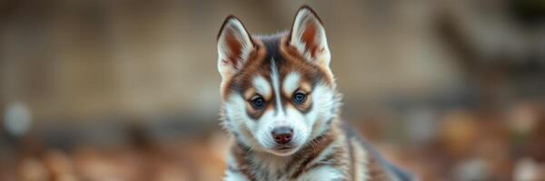 Siberian husky puppy with striking markings playing outdoors during golden hour photo
