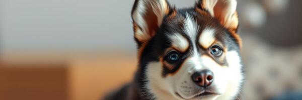 Cute puppy sitting indoors with sparkling blue eyes and fluffy black and white fur looking curiously at the camera photo