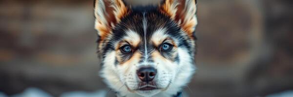 Husky puppy with striking blue eyes posing against a blurred background in a cozy indoor setting photo