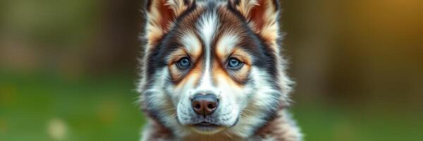 Beautiful husky puppy with striking blue eyes in a lush outdoor setting during golden hour photo