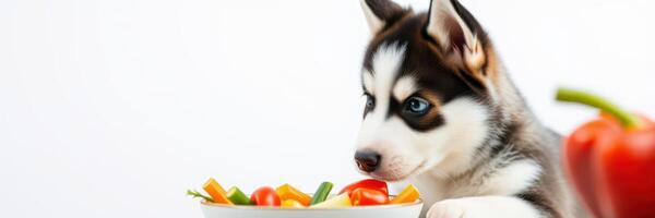 Husky puppy curiously observes a bowl of vegetables and fresh ingredients in a bright kitchen setting photo