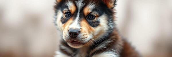 Cute puppy sitting outdoors, showcasing playful expression in soft light during early morning or late afternoon photo