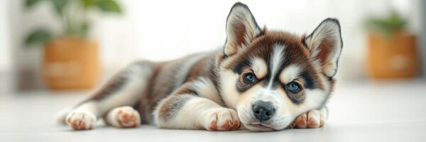 Cute husky puppy resting on the floor with a calm expression in a bright indoor setting photo