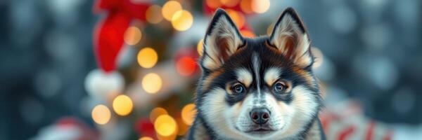 Cute dog with festive background featuring Christmas tree and decorations in a cozy setting photo