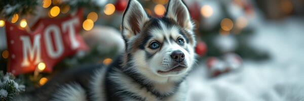 Adorable husky puppy sits in festive atmosphere with colorful lights and decorations during the holiday season photo