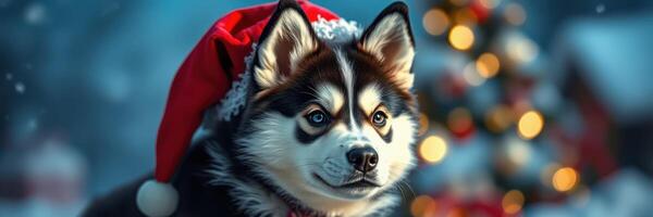 Cute dog wearing Christmas hat poses in festive setting with holiday decorations in the background photo