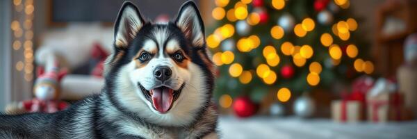 Happy dog sits in front of beautifully decorated Christmas tree with colorful lights and presents nearby during holiday season photo