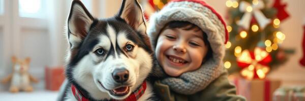 Child enjoys festive moment with husky dog by decorated Christmas tree in cozy indoor setting photo