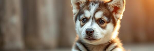 Cute puppy with striking fur pattern sits calmly during golden hour in a picturesque outdoor setting photo