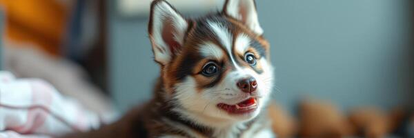 Cute husky puppy relaxing in cozy indoor setting on a sunny day photo
