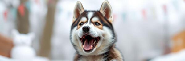 Happy husky puppy playing in a festive indoor setting with soft decorations and colorful lights during a cozy gathering photo