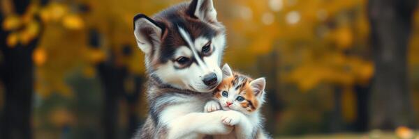 Adorable husky embraces playful kitten in a vibrant autumn park filled with colorful leaves photo