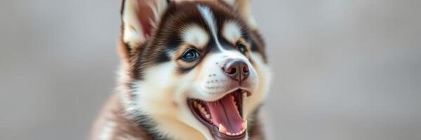 Happy husky puppy with bright eyes enjoying a playful moment outdoors in bright lighting on a sunny day photo