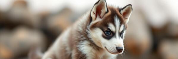 Cute husky puppy playing in a natural setting with soft light during early morning photo