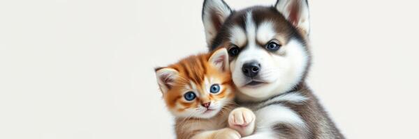 Cute kitten and puppy snuggled together in a cozy indoor setting showcasing friendship and warmth photo