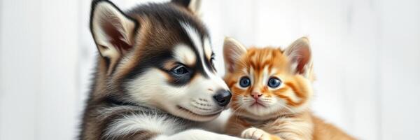 Cute puppy and kitten share a tender moment on a light background indoors during a cozy, sunny afternoon photo