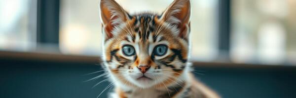 Cute tabby kitten with blue eyes sits indoors by a window in soft natural light photo