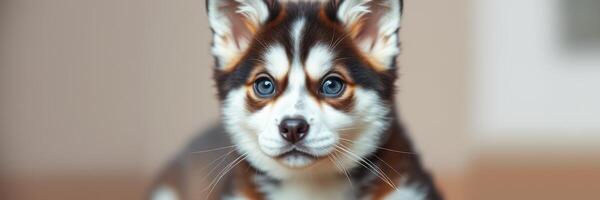 Cute dog with distinctive coat and bright blue eyes sits playfully indoors in a cozy setting during the day photo