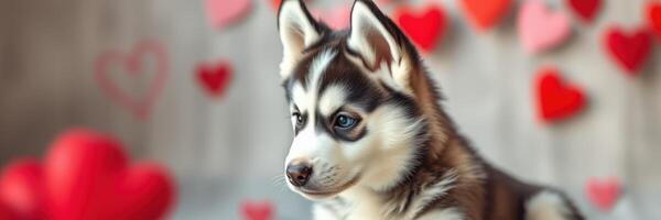 Playful husky puppy surrounded by heart decorations in a cozy indoor setting during a romantic holiday photo