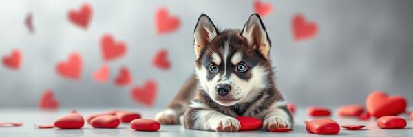 Cute husky puppy lying on a surface surrounded by red hearts and a soft background photo