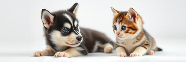 Playful puppy and kitten resting together on a light background, showcasing friendship and companionship in a cozy environment photo