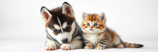 Cute puppy and kitten cuddling indoors, bright background showcases their playful friendship photo