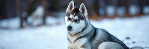 Majestic husky lounging gracefully in a snowy landscape during winter afternoon photo
