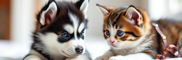 Cute puppy and kitten playing together indoors in a cozy, well-lit space on a soft surface photo