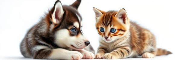 Cute puppy and kitten playing together on a light background in a cozy indoor space during daytime photo
