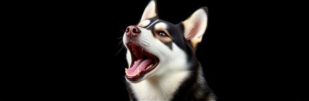 Siberian husky yawning with mouth open against black background in a playful moment photo