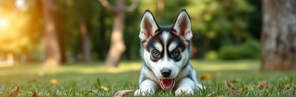 Playful puppy enjoys a sunny afternoon in a grassy park surrounded by trees photo