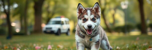 Happy puppy running in a park with trees and a police car in the background during sunny daytime photo