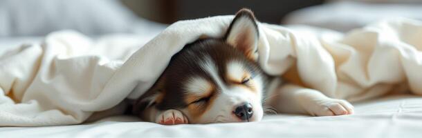Peaceful puppy sleeping comfortably under a blanket in a cozy indoor setting during the afternoon photo