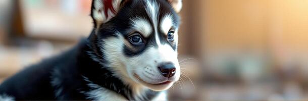 Adorable husky puppy with striking blue eyes resting in a cozy setting during golden hour light photo