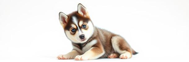 Cute puppy rests on a plain background while gazing curiously at the viewer in a well-lit indoor setting photo