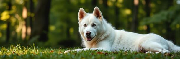 White dog relaxes comfortably on grass in serene forest during sunny afternoon photo